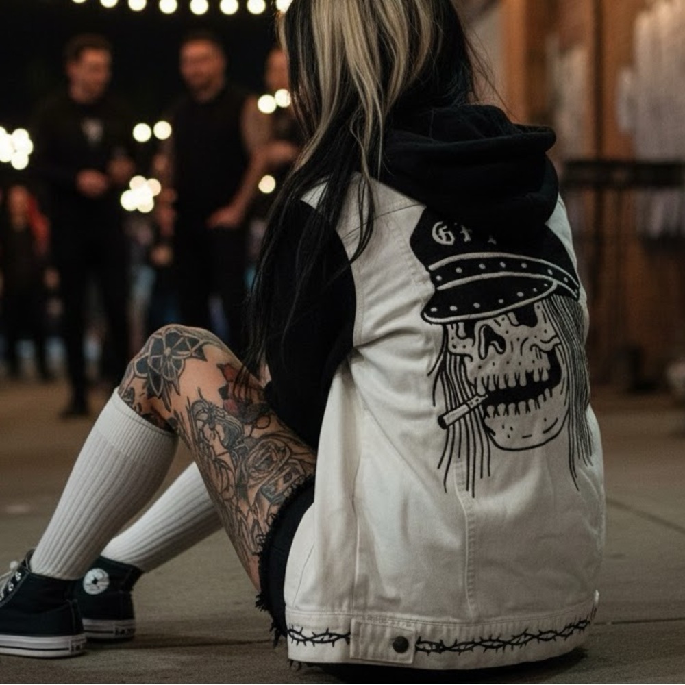Lurking class, black and white denim jacket